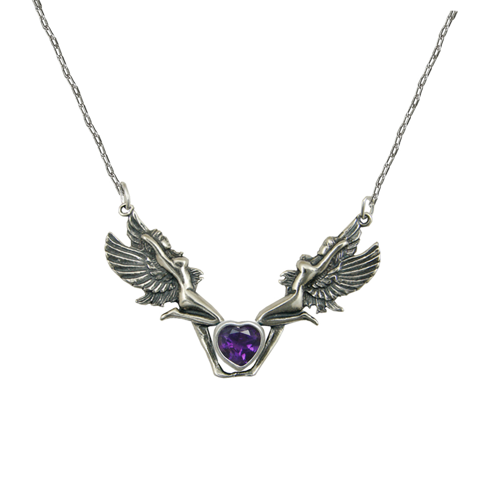 Sterling Silver Pair of Fairies Necklace And an Amethyst Heart